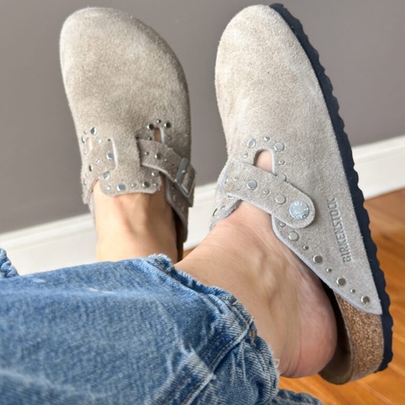 Birkenstock Beige Suede Studded Mules - Picture 2 of 8